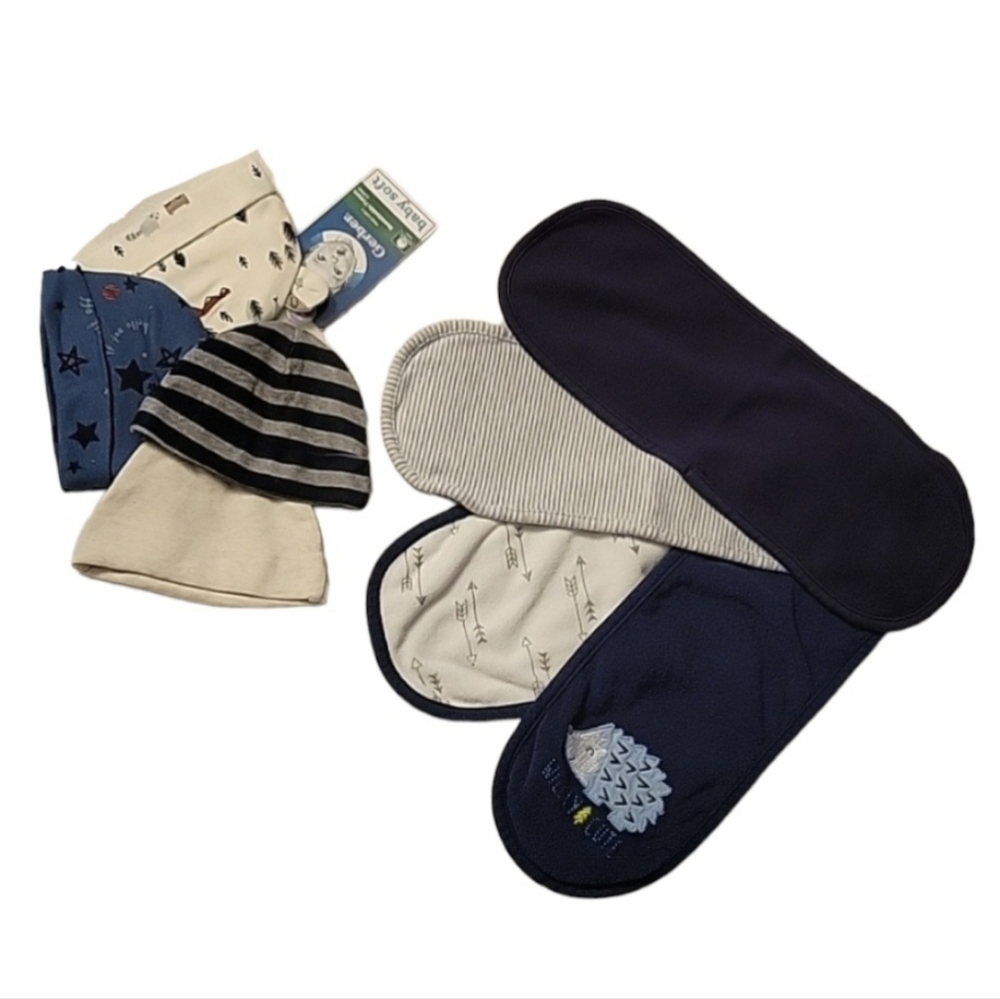 NEW Gerber - Carter's Baby Bundle:  4 Newborn Baby Hats & 4 Burping Cloths